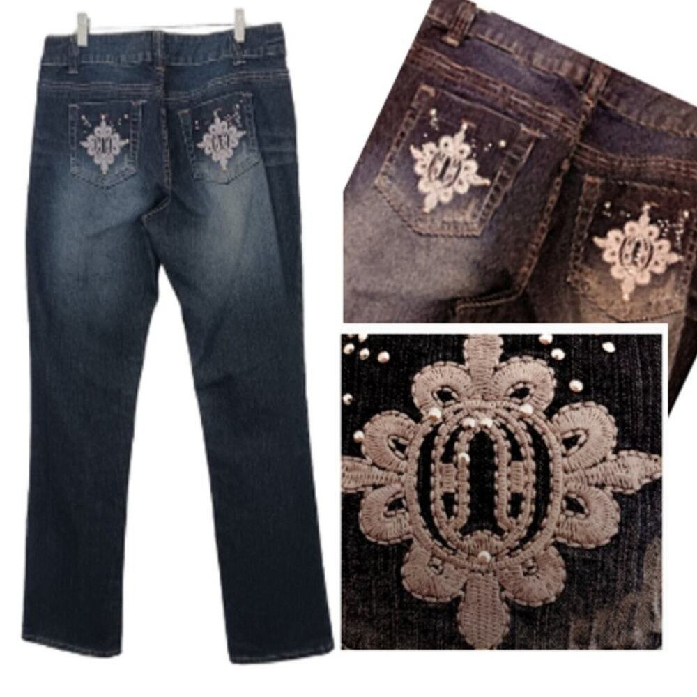 Y2K Vintage Fancy Revolt Jeans Sz 10 DK Blue Embroidered Embellished Studs